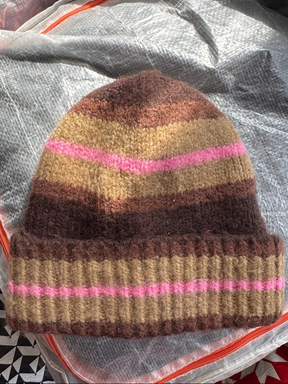 H&M Brown Striped Knit Beanie with Pink Accent